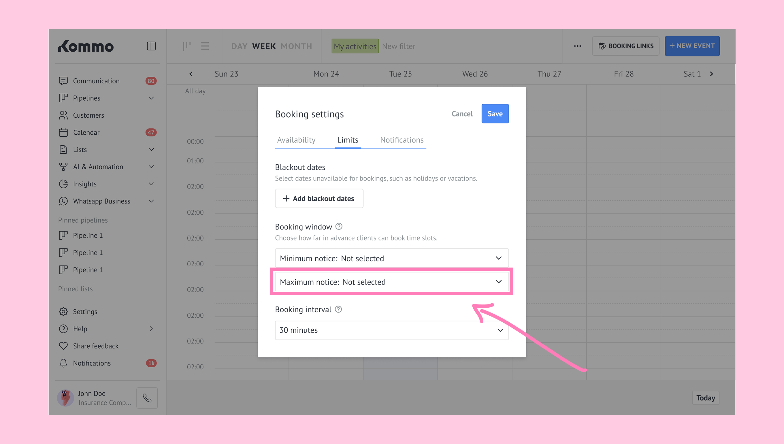Booking settings interface showing maximum notice and booking interval options.